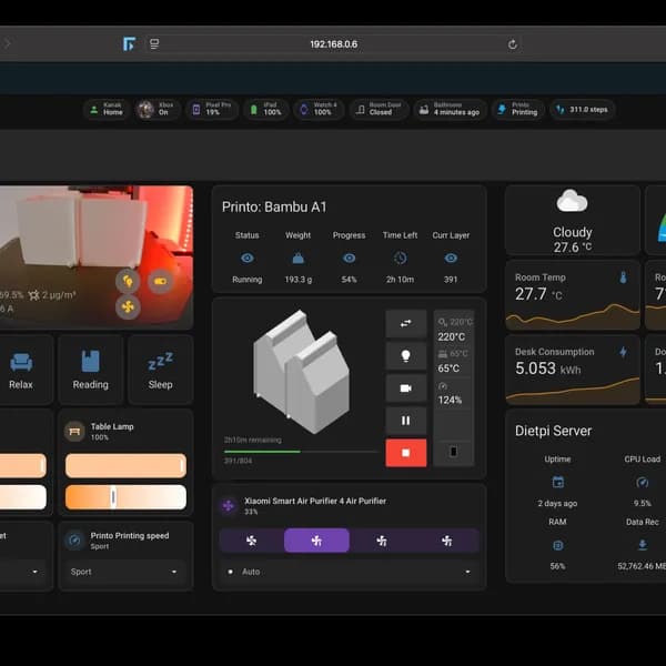 Home Assistant dashboard with Bambu Lab printer status