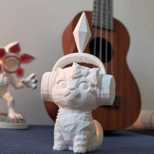 Low-poly cat wearing headphones with a Sims plumbob
