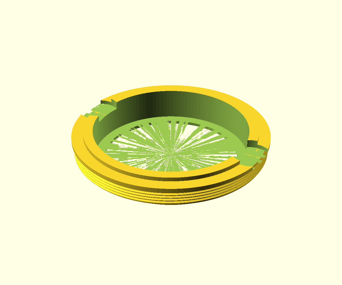 OpenSCAD render of the adapter, with the printed M49 thread below and filter cup above.