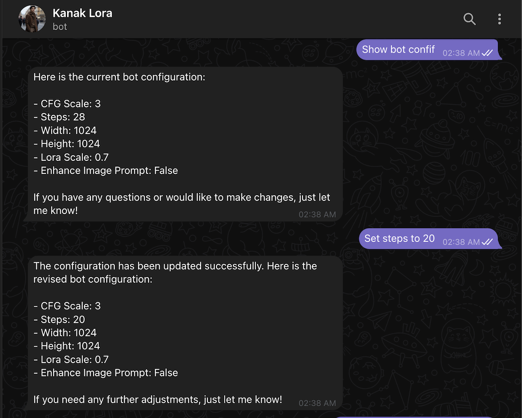 Bot configuration via natural language -- view and update generation parameters in chat